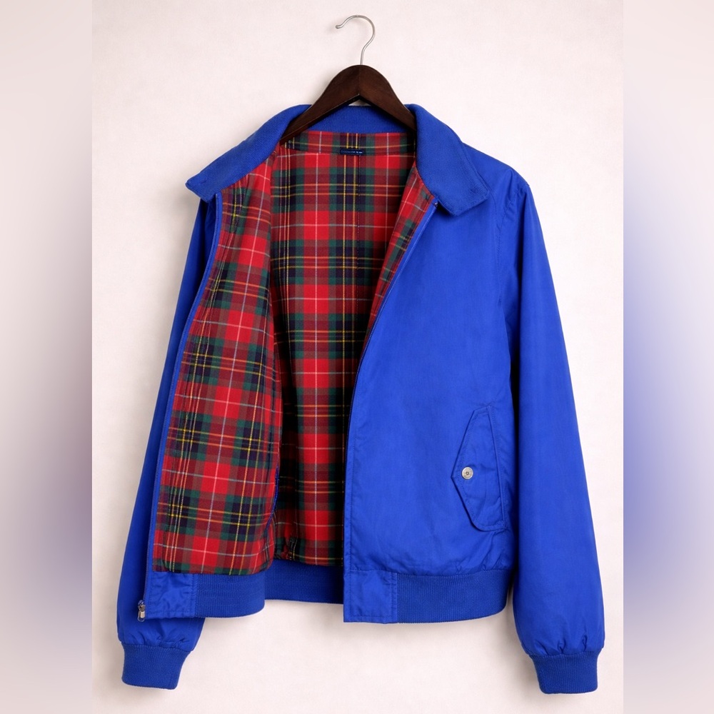 Lands’ End Vintage 90s Royal Blue Harrington Jacket Red Plaid Lining Large